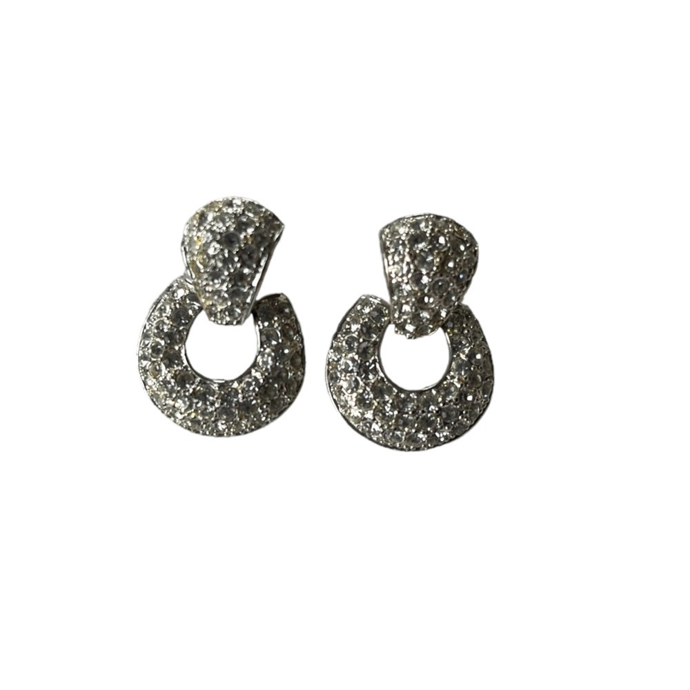 Sparkling Pave Crystal Drop Earrings Silver Tone Open Circle Dangle Earrings